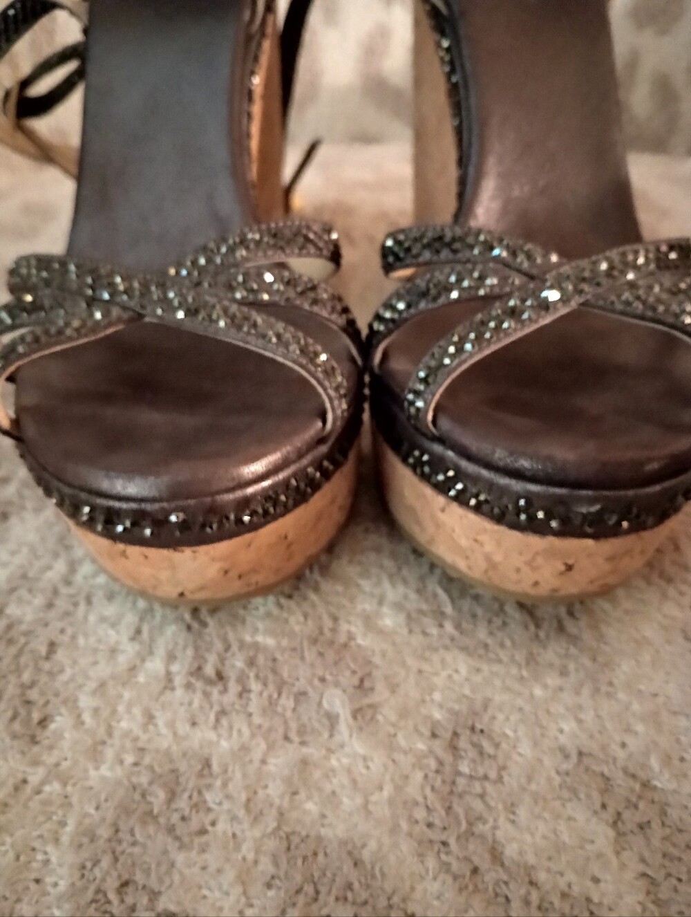Jimmy Choo Bronze Metallic Crystal Strappy Wedge Sandals - Picture 4 of 9